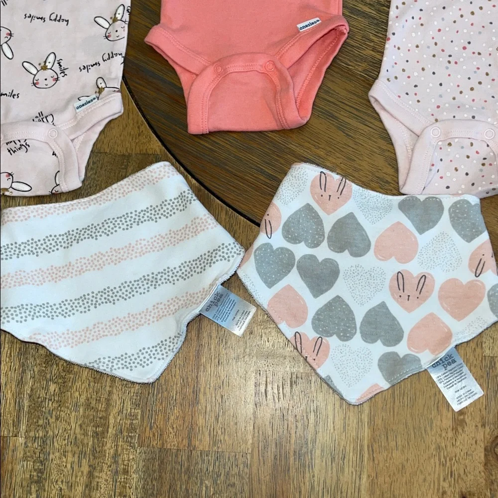 Gerber Chick Pea Baby Girl Bodysuit and Bib Set Pink Peach Bunny Newborn 5pc